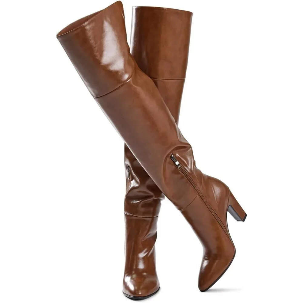 Women Brown Faux Leather Chunky Heel Side Zipper Thigh High Over the Knee Boot